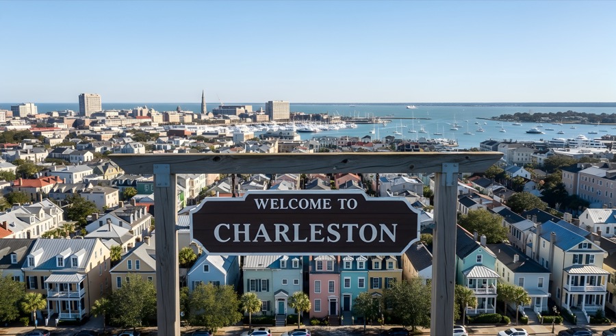 A "Welcome to Charleston" sign above the city's pastel rooftops, with the marina and harbor beyond