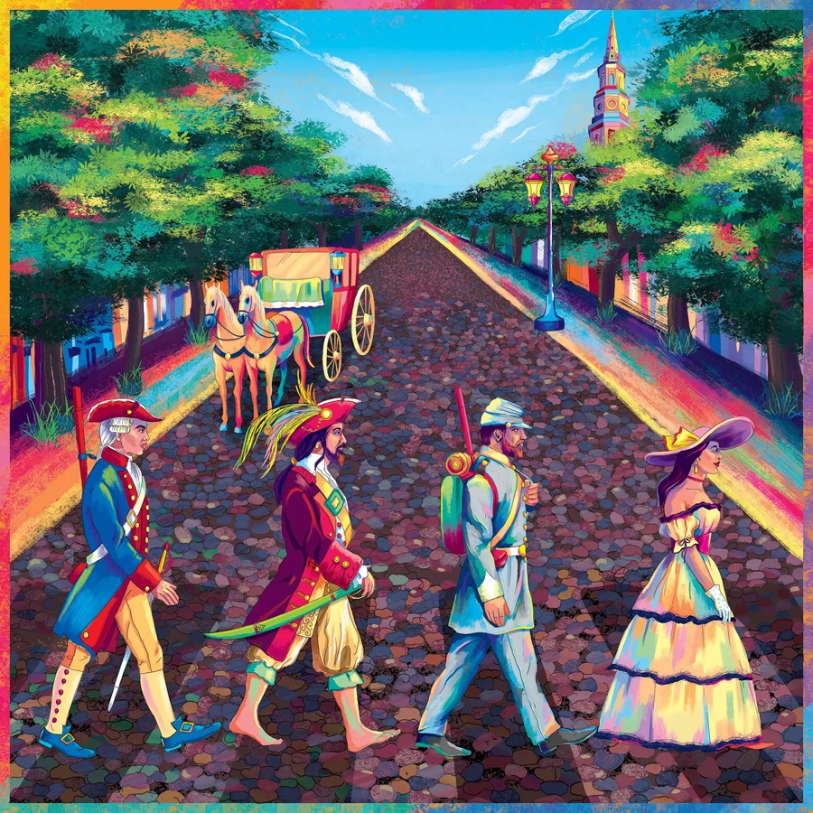 JWalk Tours illustration: a Revolutionary War officer, a pirate, a Confederate soldier and a Southern belle walking in line across a rainbow-colored cobblestone Charleston street, with a horse-drawn carriage and a church steeple behind them